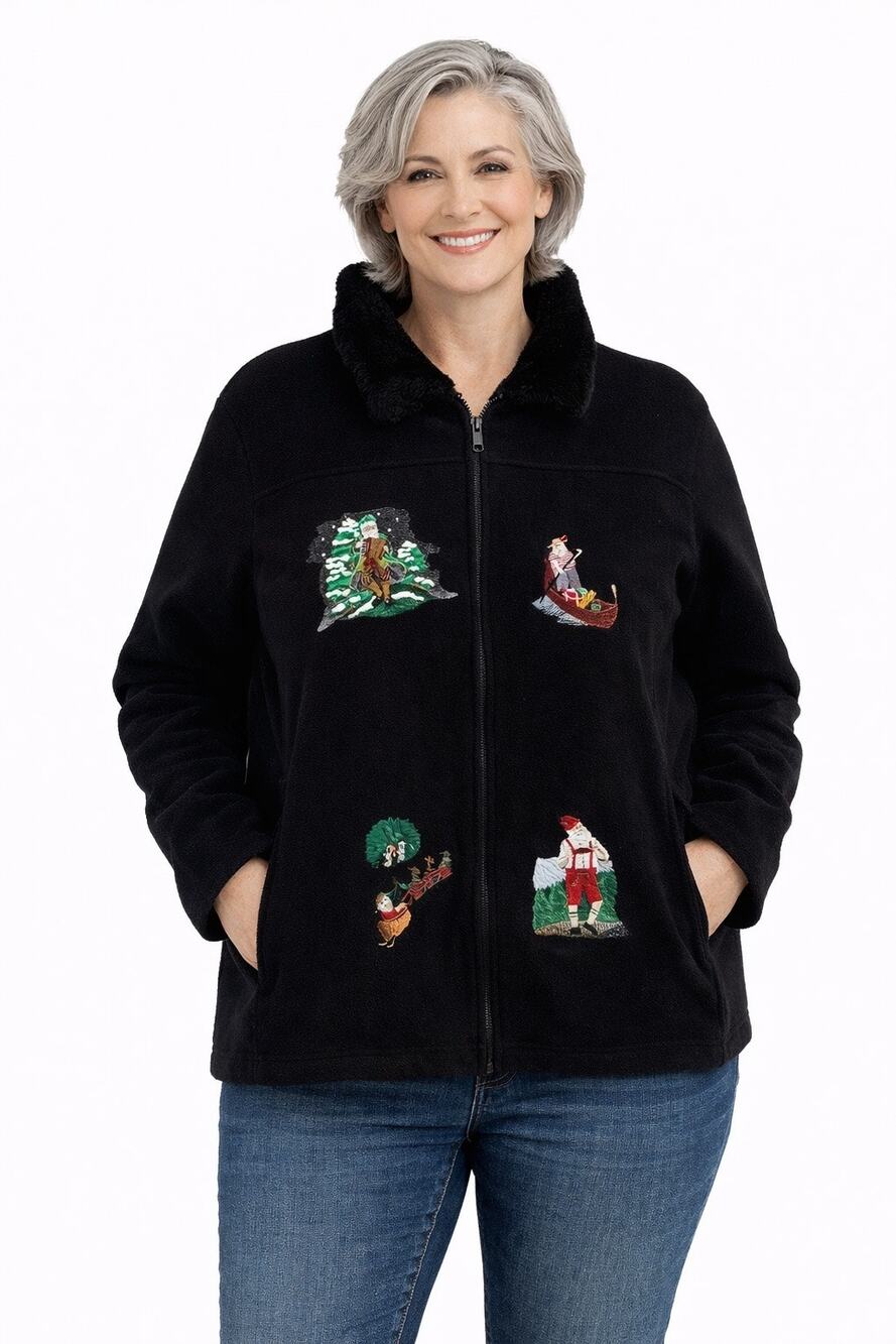 Nick & Sarah Christmas Black Full Zip Fleece Jacket Embroidered Womens 2x